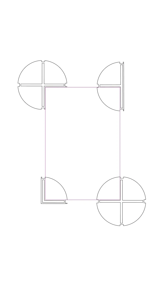 Technische Zeichnung der modularen Steckverbindung zwischen vier Wandelementen