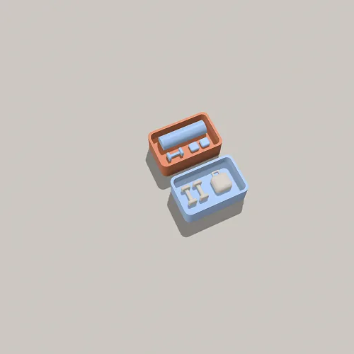 3D-Rendering der geöffneten Fitnessbox mit Widerstandsband, Hanteln und Trinkflasche