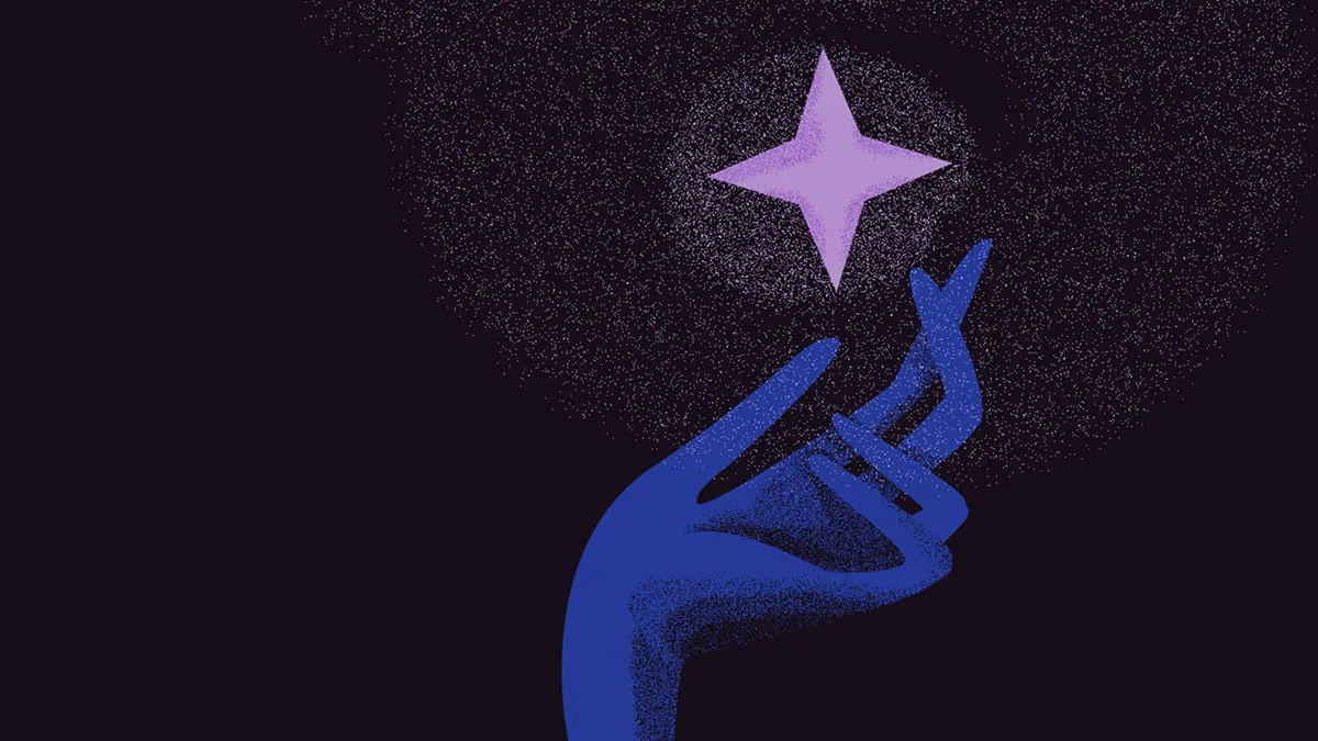 Illustration einer blauen Hand, die nach einem leuchtenden violetten Stern greift, vor dunklem Sternenhimmel