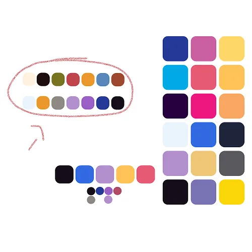 Moodboard mit handgezeichneter Farbpalette und quadratischen Farbfeldern in Blau-, Rosa- und Gelbtönen