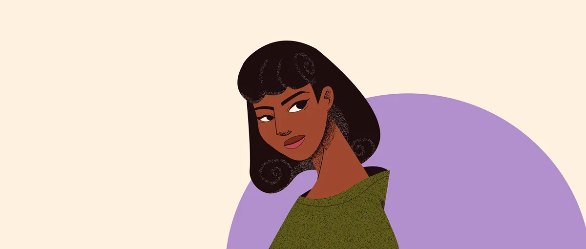 Digitale Illustration einer jungen Frau mit lockigem dunklem Haar vor lila-beigem Hintergrund