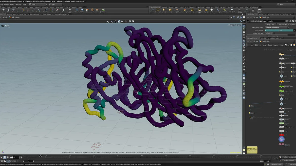 Houdini-Arbeitsoberfläche mit 3D-Modell eines aus PDB-Daten erzeugten violetten Enzymstrangs