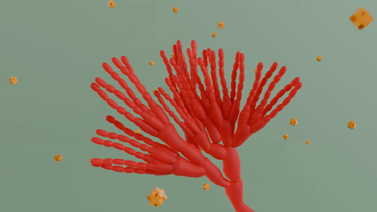 3D-Rendering einer Petrischale mit wachsendem grünem Schimmelpilzrasen und einem roten Legostein