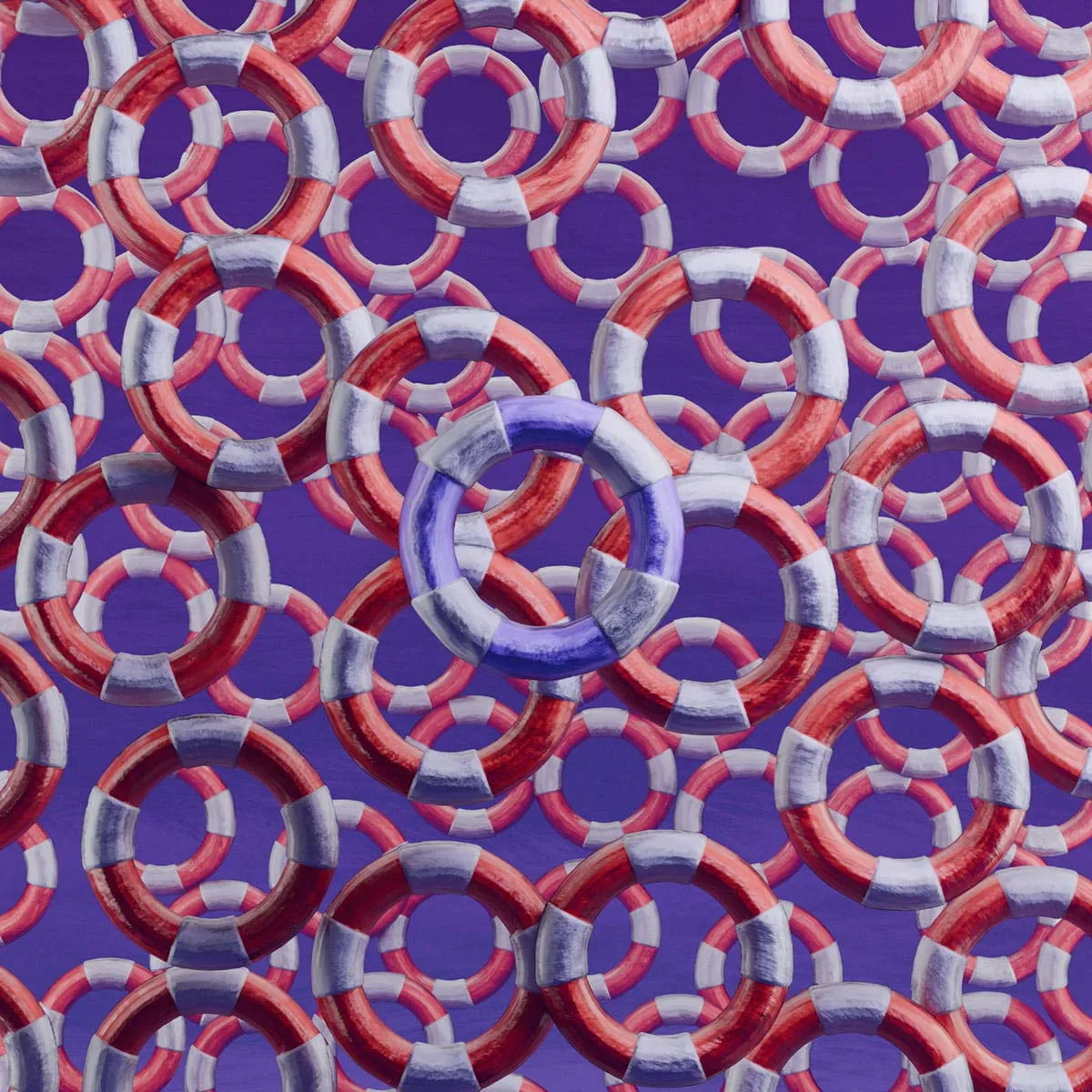 Musterartige Illustration vieler roter Rettungsringe mit einem einzelnen violetten Ring in der Mitte