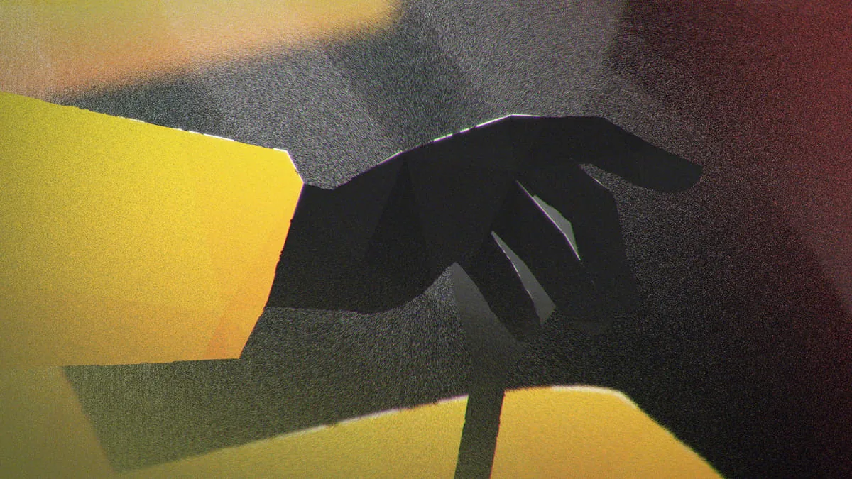 Silhouette einer greifenden Hand vor gelbem und dunkelrotem Hintergrund im Filmstil