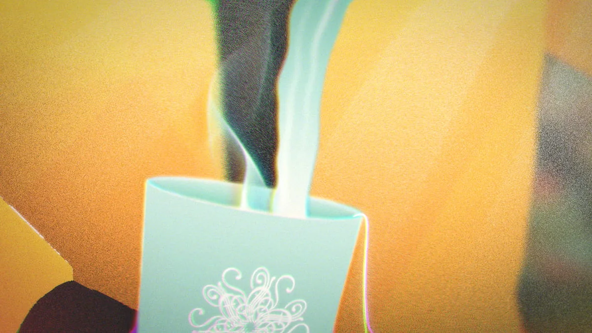 Dampfender Teebecher mit Blüten-Illustration in warmem Licht, animierte Nahaufnahme