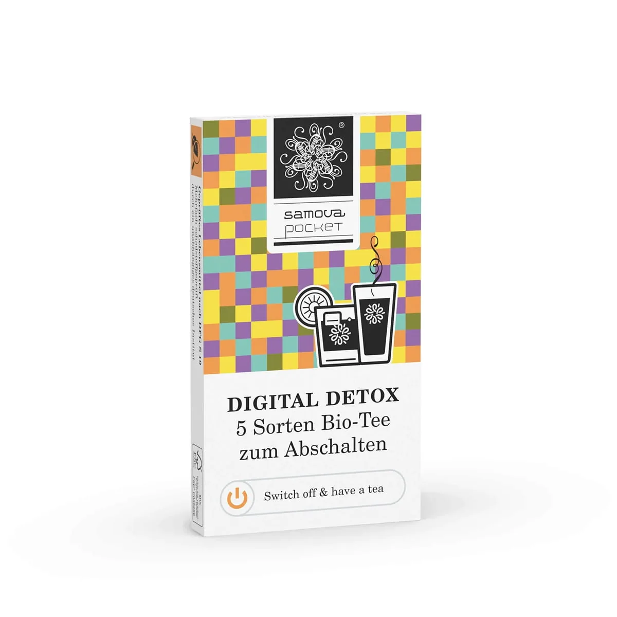 Verpackungsdesign der Samova-Pocket-Teebox Digital Detox mit buntem Karomuster und Blüten-Logo