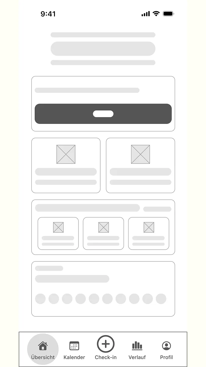 Wireframe der RheumaLog-Übersichtsseite mit Platzhalterboxen für Inhalte und Navigationsleiste