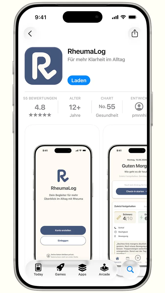 App-Store-Seite der RheumaLog-App mit Bewertungen und Screenshots von Startbildschirm und Tages-Check-in