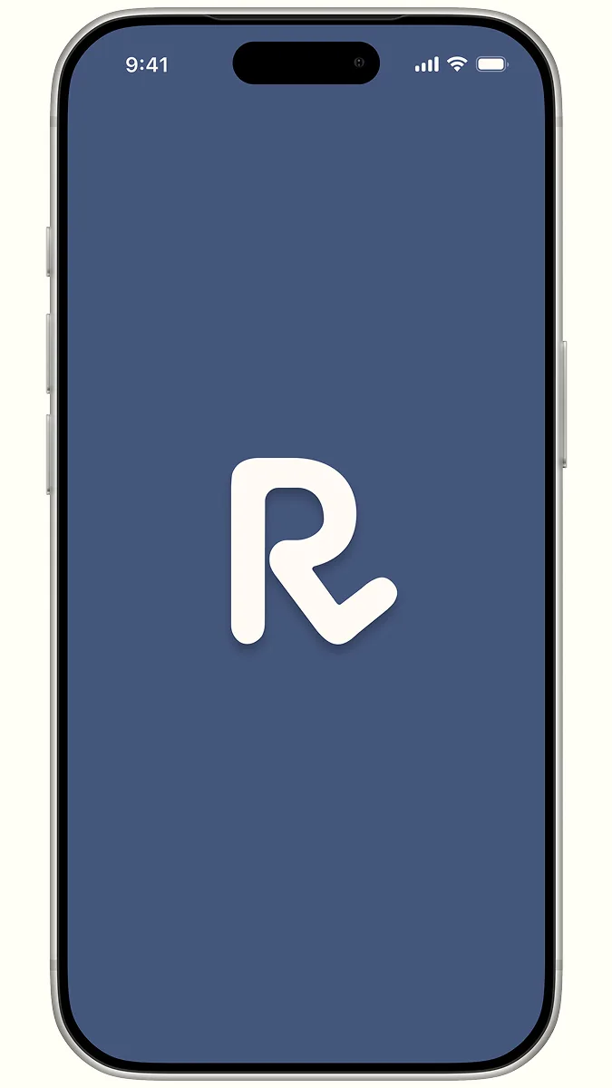 Splash Screen der RheumaLog-App mit weißem R-Logo auf dunkelblauem Hintergrund