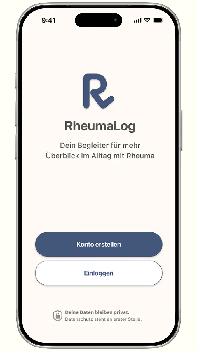RheumaLog-App-Screen mit Start- und Login-Bildschirm auf beigem Hintergrund