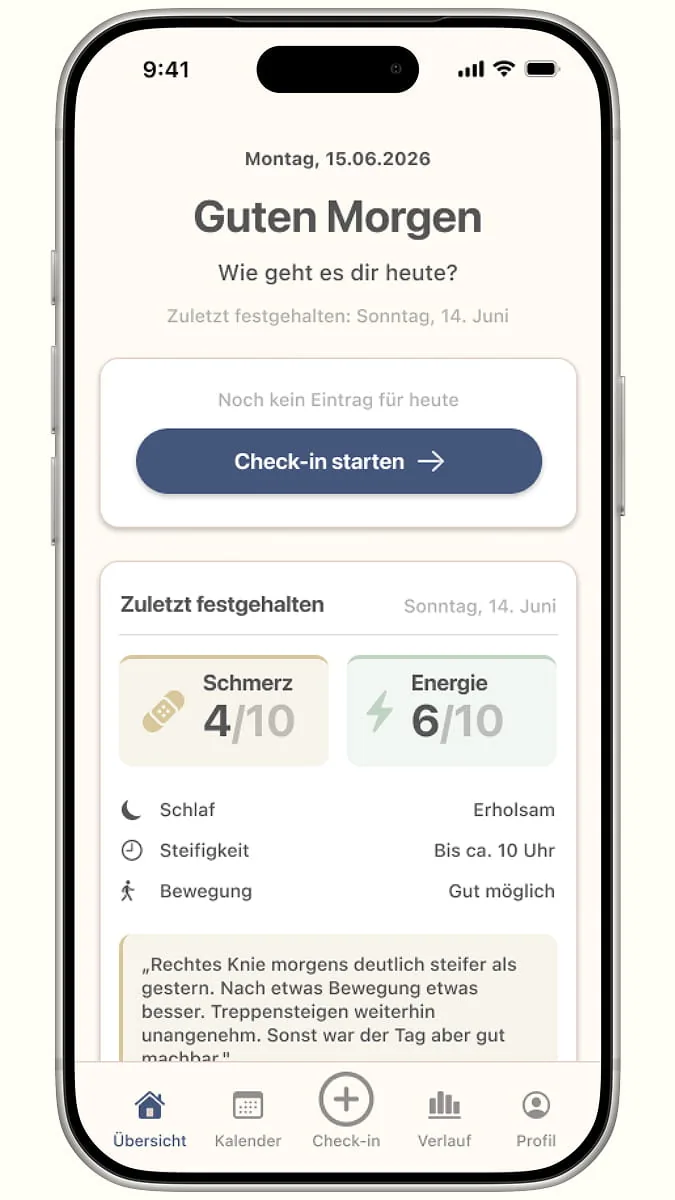RheumaLog-App-Screen mit morgendlichem Check-in, Schmerz- und Energielevel sowie Notizfeld