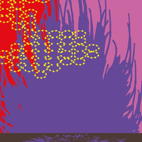 Grafisches Experiment mit gelben Kettenlinien-Mustern auf rot-violetter Fläche