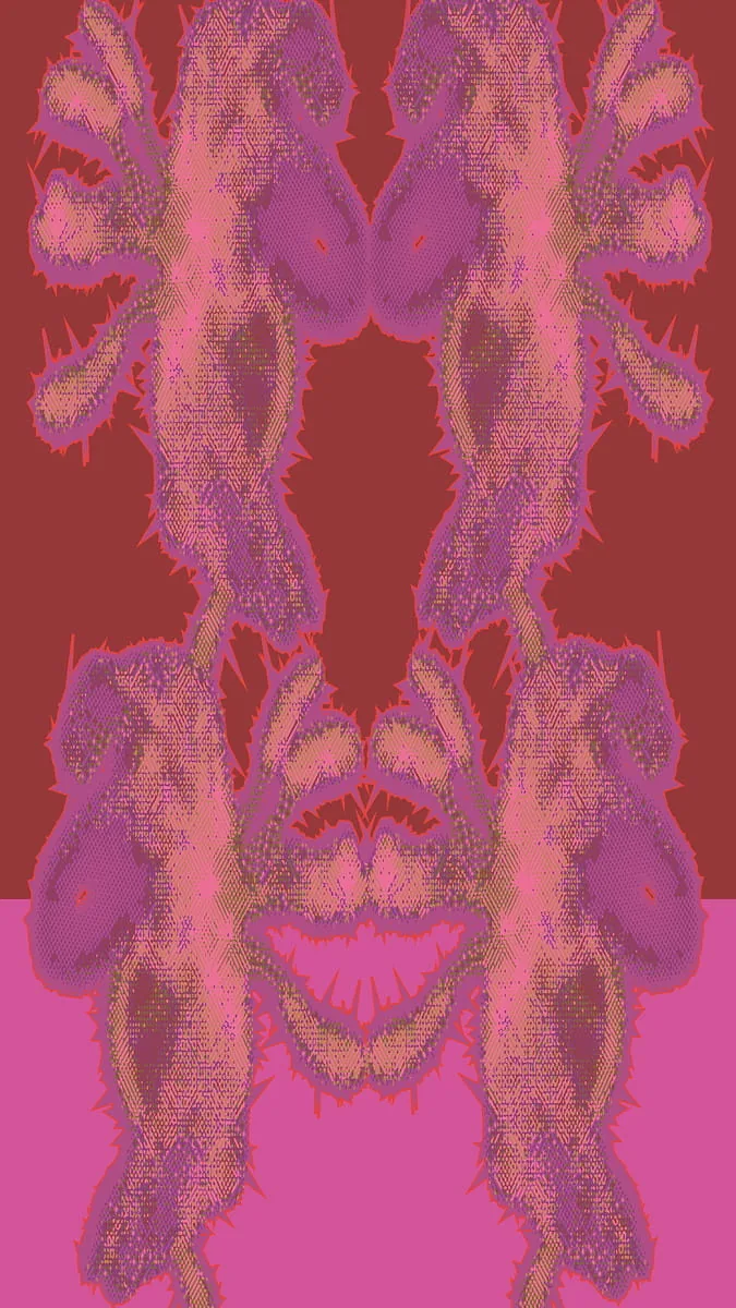 Symmetrisches grafisches Experiment mit gespiegelten, texturierten Blütenformen in Rosa und Violett