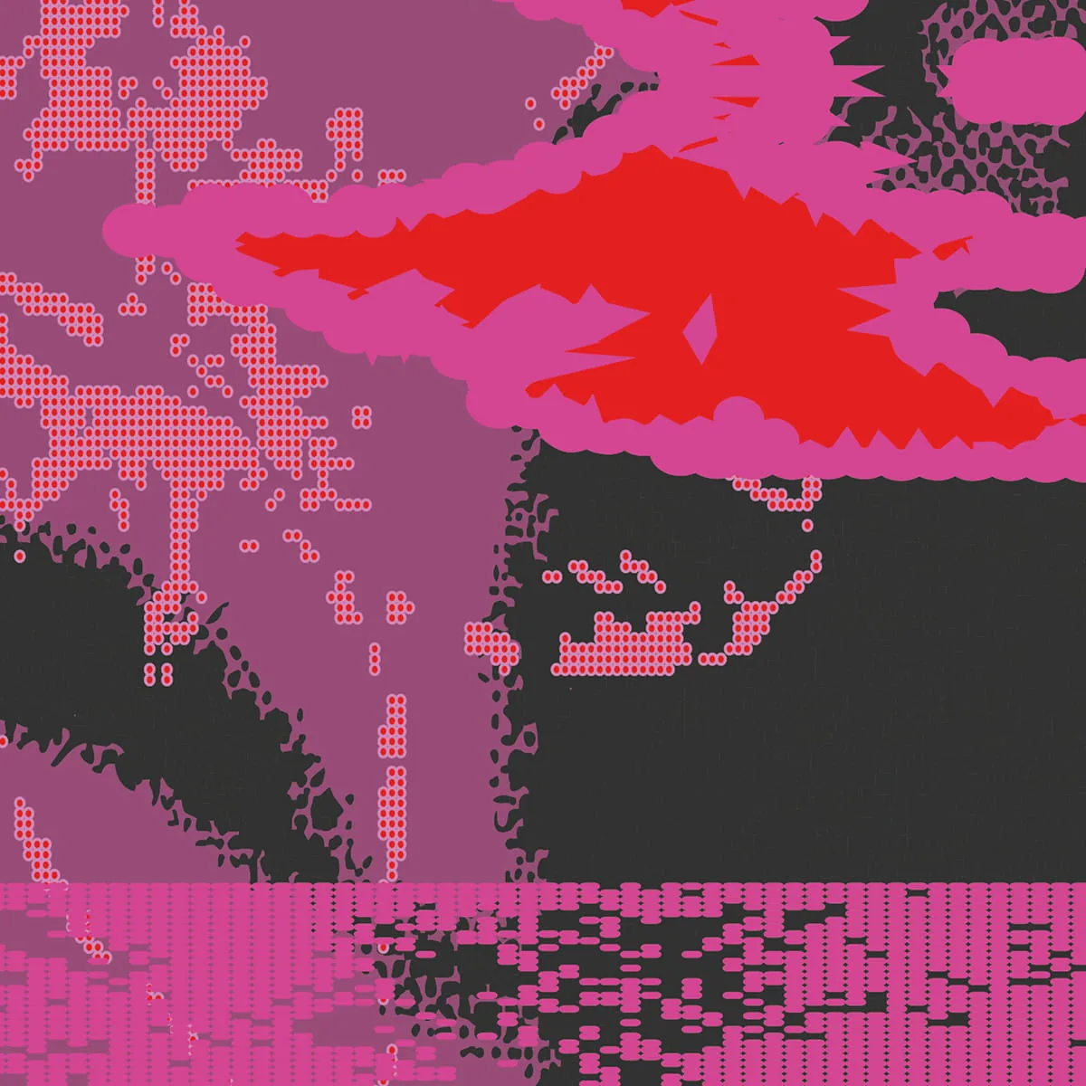 Abstraktes Grafikexperiment mit wolkenartigen roten und pinken Formen auf dunklem Rasterhintergrund