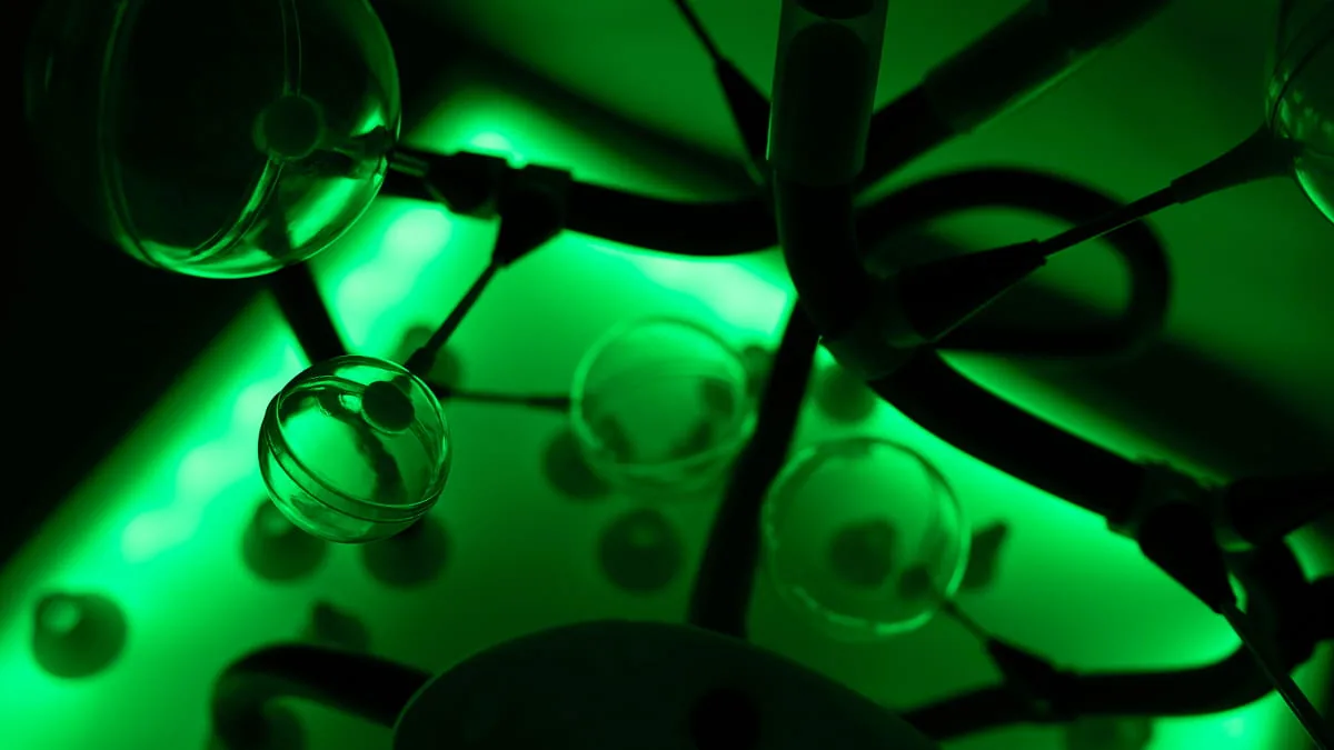 Grün beleuchtete Glaskugeln zwischen schwarzen Schlauchverbindungen in Nahaufnahme von unten