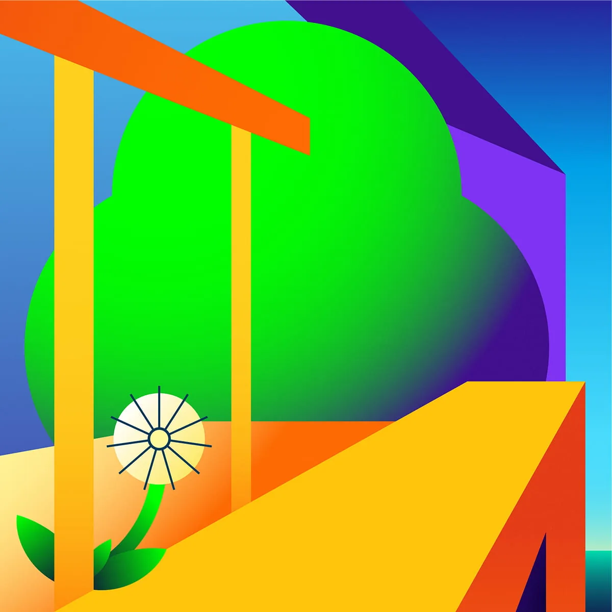 Bunte, geometrische Illustration mit stilisiertem Baum, Löwenzahn und Häuserfassaden in Grün, Gelb und Violett