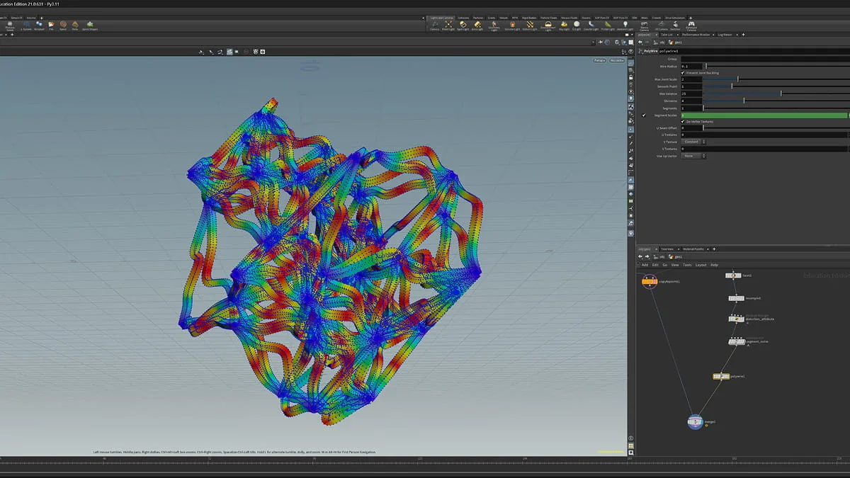 Houdini-Arbeitsoberfläche mit buntem, netzartigem 3D-Partikelmodell aus verschlungenen Linien