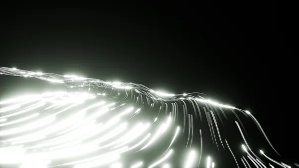 Abstrakte 3D-Animation leuchtender, wellenförmiger Lichtstreifen in Schwarz-Weiß