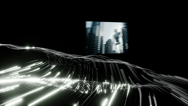 Leuchtende Lichtstreifen-Animation mit verschwommenem Bildschirm einer Person im Hintergrund