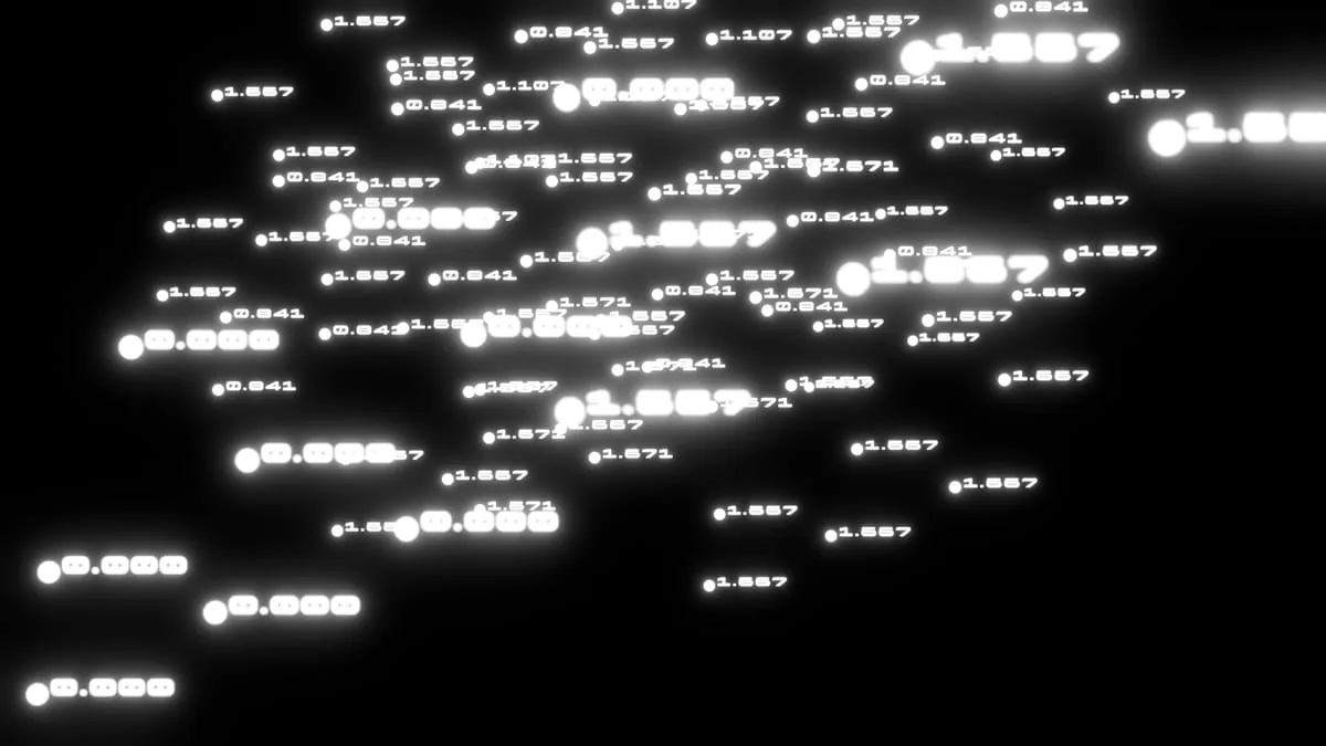 Unscharfe Textanimation mit zufälligen, aufblitzenden Zahlenwerten vor schwarzem Hintergrund