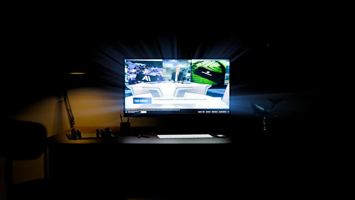 Dunkles Zimmer mit leuchtendem Monitor, der eine Nachrichtensendung zum Thema Künstliche Intelligenz zeigt