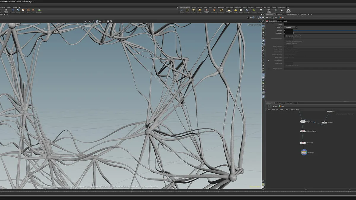 Houdini-Szene mit grauem, drahtgitterartigem 3D-Netzwerkmodell aus verschlungenen Strängen