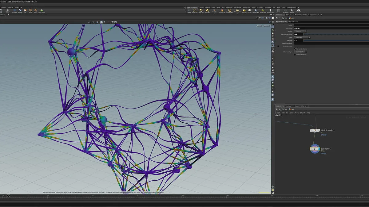 Houdini-Node-Netzwerk mit violettem 3D-Liniengeflecht in Würfelform