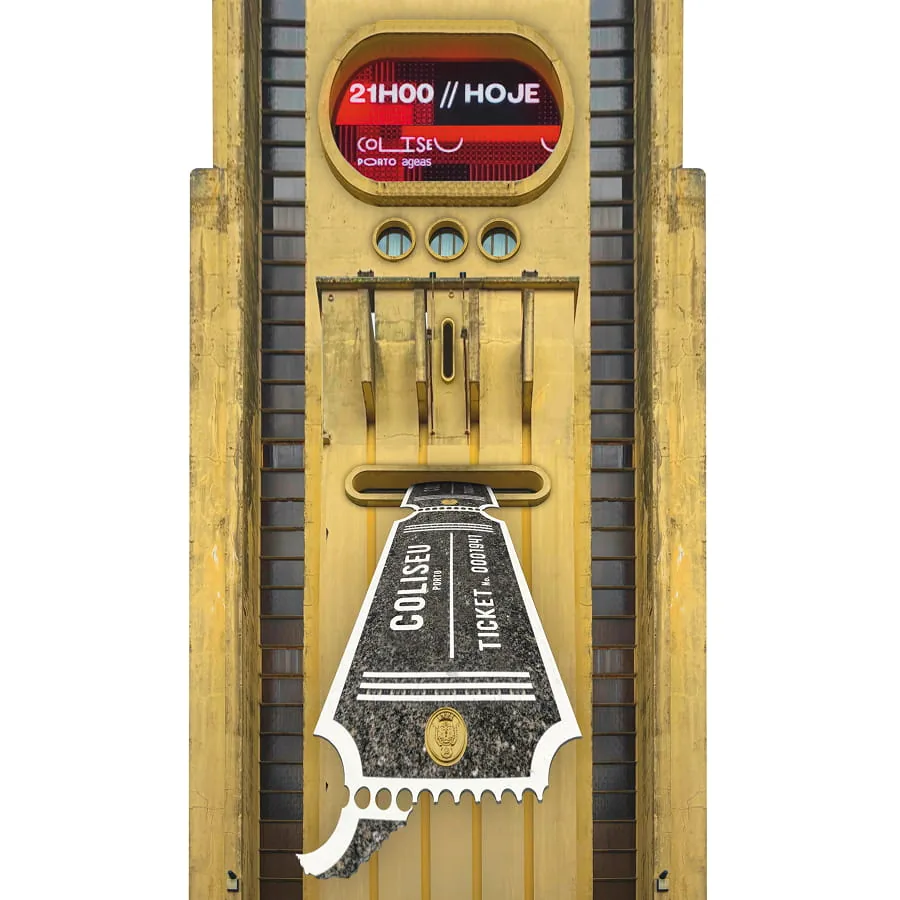 Illustration eines historischen Ticketautomaten des Kinos Coliseu Porto mit Vorstellungsanzeige und Eintrittskarte