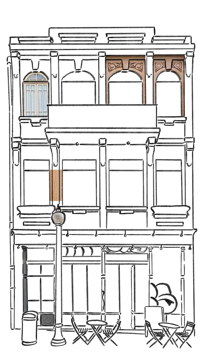 Tuschezeichnung einer alten Ladenfassade in Porto mit Schriftzügen „Armazéns Cunhas“ und „Vendemos Mais Barato“