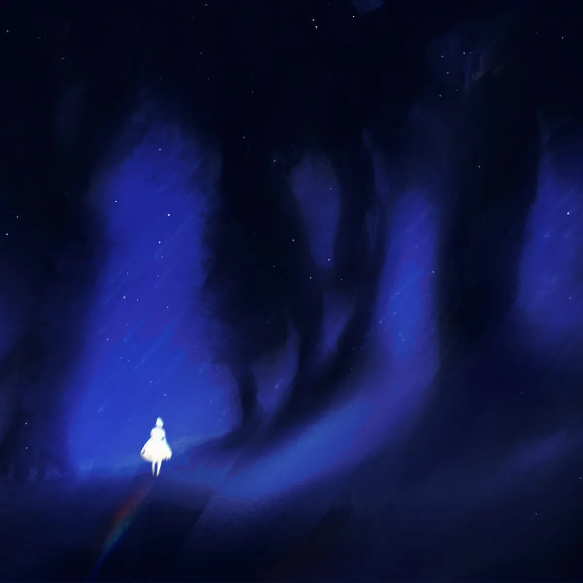 Digitale Illustration einer leuchtenden Figur in einem dunklen, geheimnisvollen Wald bei Nacht