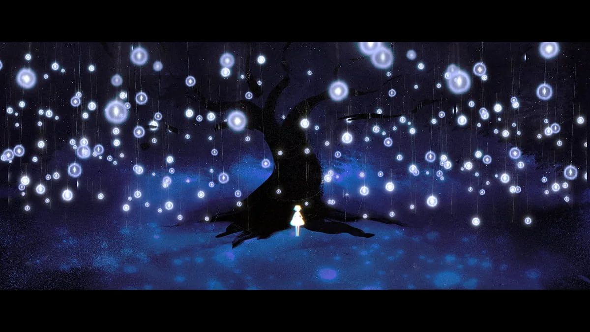 Nächtliche Illustration eines leuchtenden Baumes mit unzähligen schwebenden Lichtkugeln über einer kleinen Figur